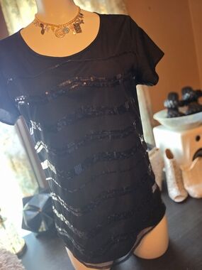 LOFT Black Short Sleeve Sequin Stripe Tee